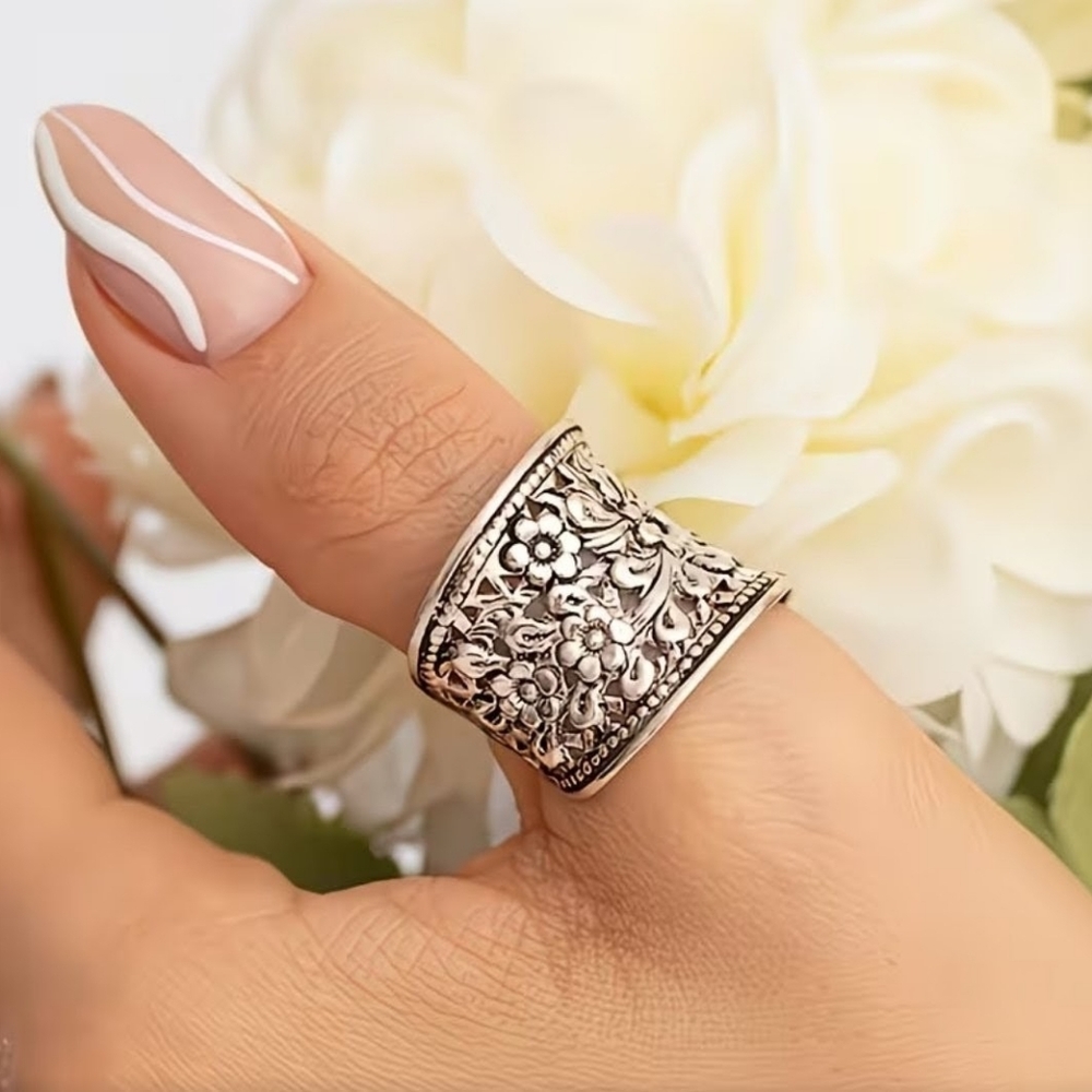 Silver Floral Ring Wrap Wide Carved